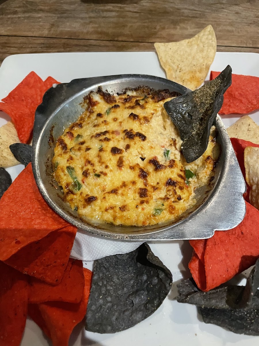 Crab and shrimp dip. Chips are not safe for celiacs as they use a shared fryer