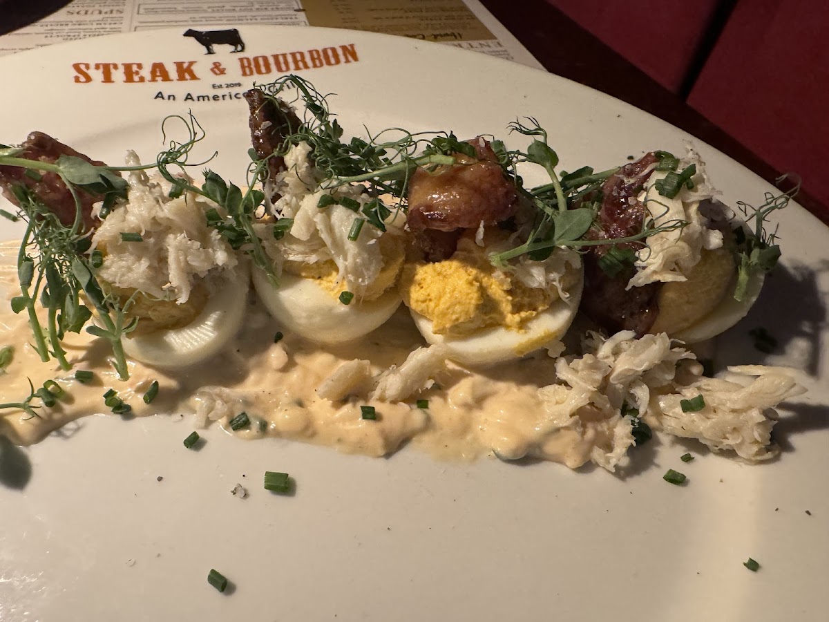 Crab topped deviled eggs