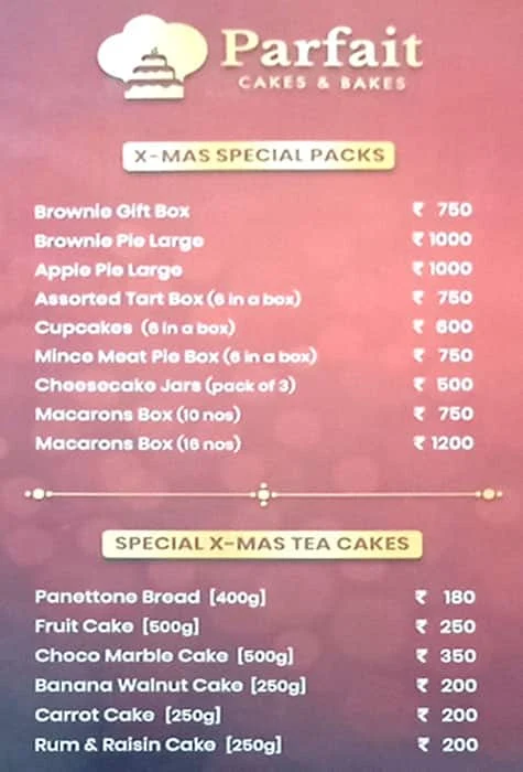 Parfait Cakes And Bakes menu 