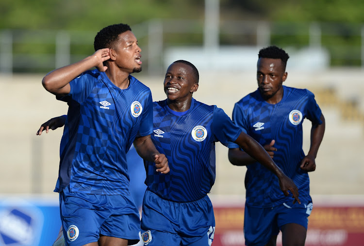 SuperSport United midfielder Jamie Webber celebrates his opening goal with teammate Siphesihle Ndlovu during their DStv Premiership match against Stellenbosch at Danie Craven Stadium in Stellenbosch on October 18 2022.