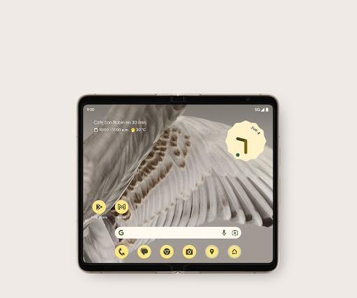 Imagen del Pixel Fold desplegado de frente. Se muestra una hermosa ala en la pantalla