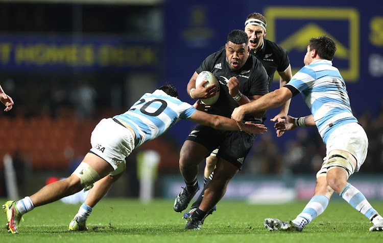 Samisoni Taukei'aho of the All Blacks goes on the charge in the Rugby Championship match against Argentina at FMG Stadium Waikato in Hamilton on September 3 2022.