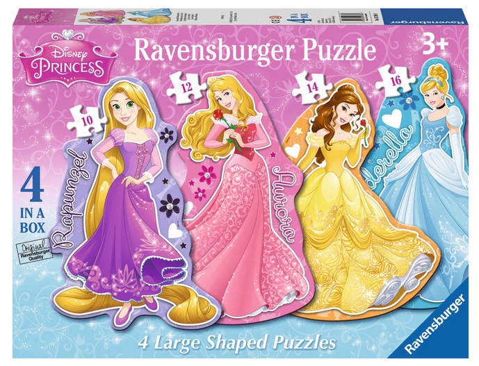 Disney Princess 4-Shaped Puzzles；此拼圖有四種圖案，分別是10/12/14/16片組成。拼完後會有四個大尺寸的公主，應該很受小女孩喜愛