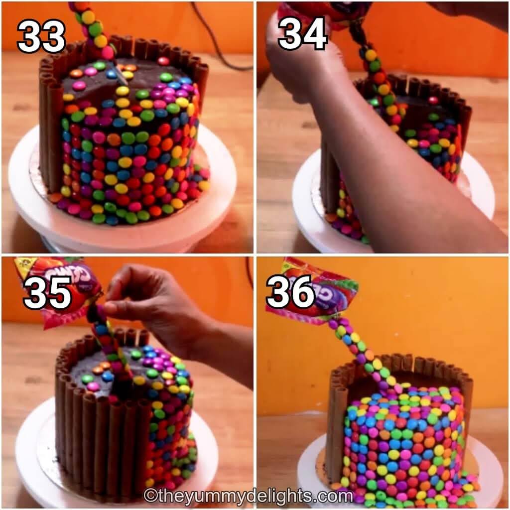 step by step image collage of inserting the plastic straw on the gravity cake.