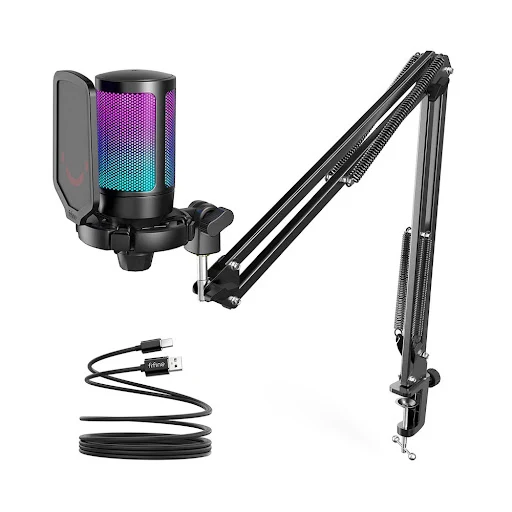 Bộ micro thu âm có dây Fifine A6T tích hợp đèn RGB - kèm Boom Arm và Pop Filter