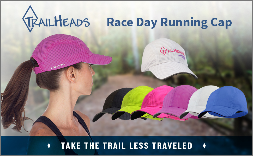 Woman runner wears a lightweight running cap. Other color options of the women's sports cap show.