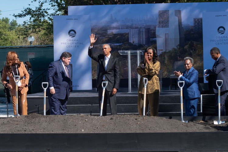 5th Ward Alderman Leslie A. Hairston, Illinois Governor J.B. Pritzker, Former U.S. president Barack Obama, Former First Lady Michelle Obama, Mayor Lori Lightfoot, and Alderperson (7th ward) Greg Mitchell celebrate during the groundbreaking ceremony for the Obama presidential center in Jackson Park, in Chicago, Illinois, U.S., September 28, 2021.