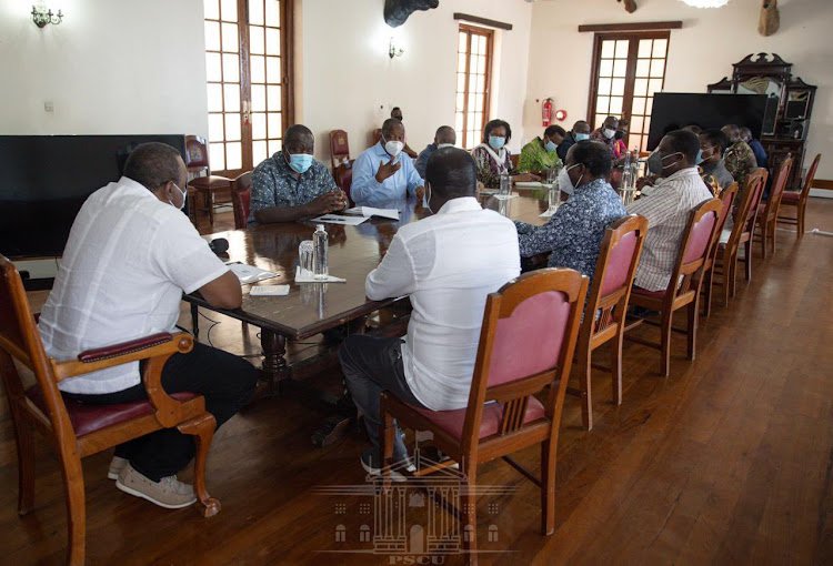 President Uhuru Kenyatta with the opposition leaders and other senior government officials at State House Mombasa on August 18, 2021