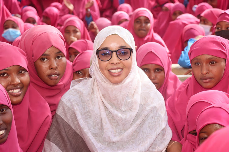 Wajir county's Fatuma Jehowwith students of Jogbaru Girls Secondary School in Wajir during the cerebration to mark World Women’s Day.