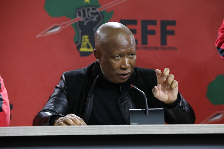 EFF president Julius Malema addresses the media during a press conference in Johannesburg on August 23 2022.