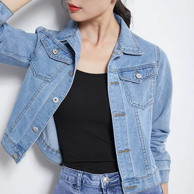 Dames denim korte jas, college stijl, slim fit, lange mouwen, afslankend, ideaal voor een flatterende look en modieuze uitstraling.