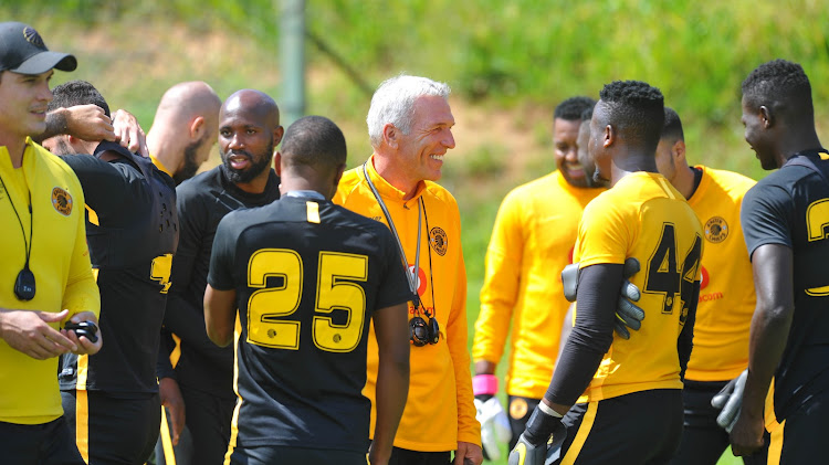 Ernst Middendorp enjoys a light moment with the team during a training session at Naturena on February 13 2020.