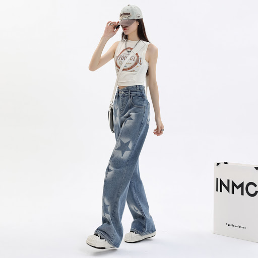 Title 5, XINGX Vintage Print Loose Wide Leg Jeans offer ...