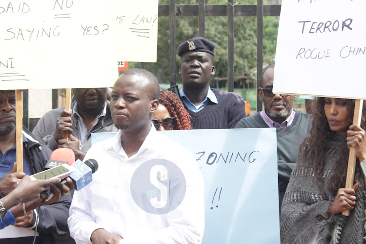 Kilimani MCA Moses Ogeto addresses the media at the site of the construction of a 13 storey building along Mbaazi Avenue in Lavington, Nairobi. October 26, 2023.