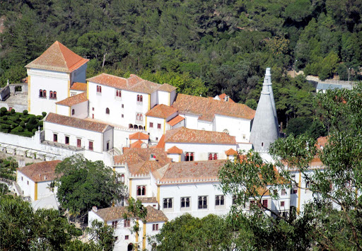 Portugal-Sintra-Palace - Palácio Nacional de Sintra as seen from Castelo dos Mouros near Lisbon, Portugal.