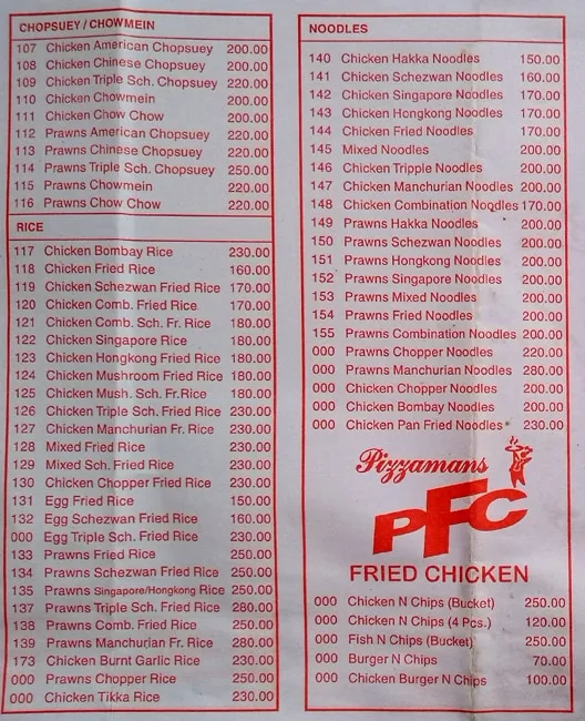 The Pizzaman menu 