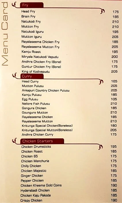 Kritunga Restaurant menu 