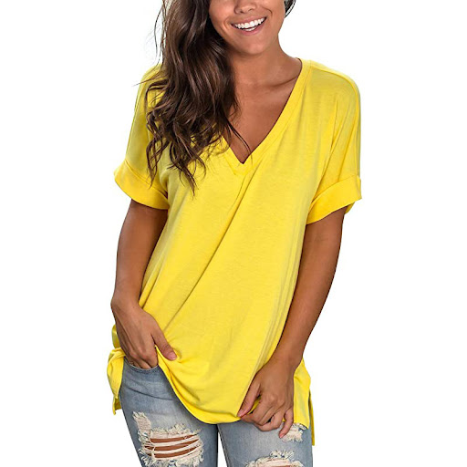 Title 10, V-neck Solid Color Short-sleeved Top Loose Wome...