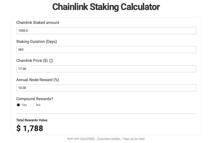 Tính toán giá trị phần thưởng bạn nhận được từ staking Chainlink. © CALCONIC.