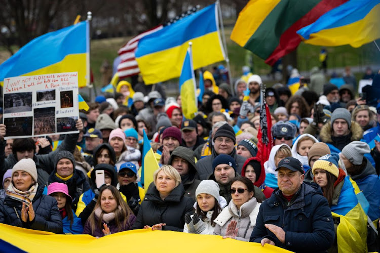 Demonstrators attend a pro-Ukraine rally in Washington, DC, the US, February 25 2023. Picture: GRAEME SLOAN/BLOOMBERG