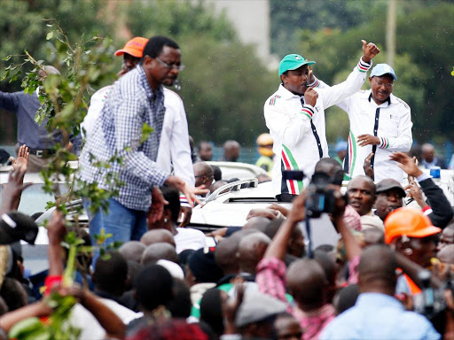 Cord principals Raila Odinga, Kalonzo Musyoka and Moses Wetang’ula during a demo to eject the IEBC commissioners from Anniversary Towers on April 25. / JACK OWUOR