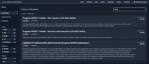 Imagem da GUI do Mandiant ASM, mostrando a biblioteca com uma lista das verificações ativas disponíveis. A biblioteca é filtrada pelo MOVEit para mostrar diversas verificações ativas relacionadas à vulnerabilidade.