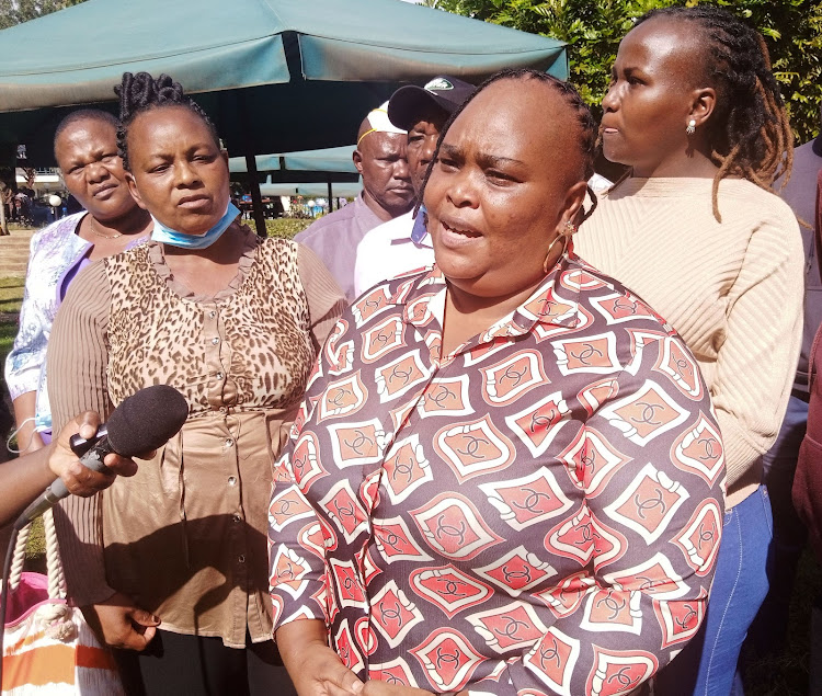 Kirinyaga nurses union secretary general Wambui Karigi speaks to journalists