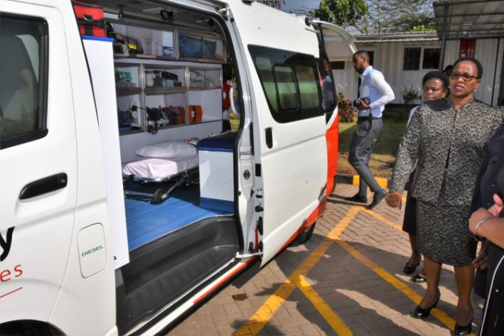 Health Cabinet Secretary Sicily Kariuki at one of Red Cross Ambulances in Nairobi recently.