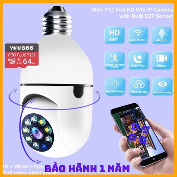 Camera Yoosee Wifi Yoosee 8 Led Đuôi Bóng Đèn Xoay 360 Độ 5.0Mps - 1080P Bảo Hành 12 Tháng