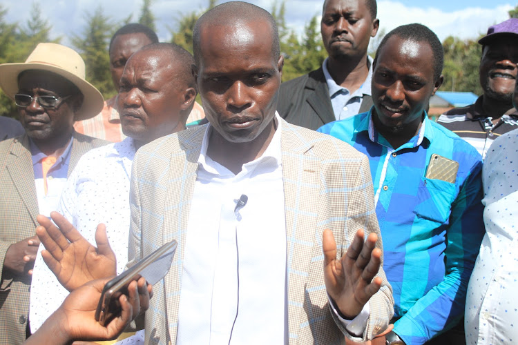 Baringo Central MP Joshua Kandie addresses the media after launching a borehole at Tenges Primary School on Sunday.