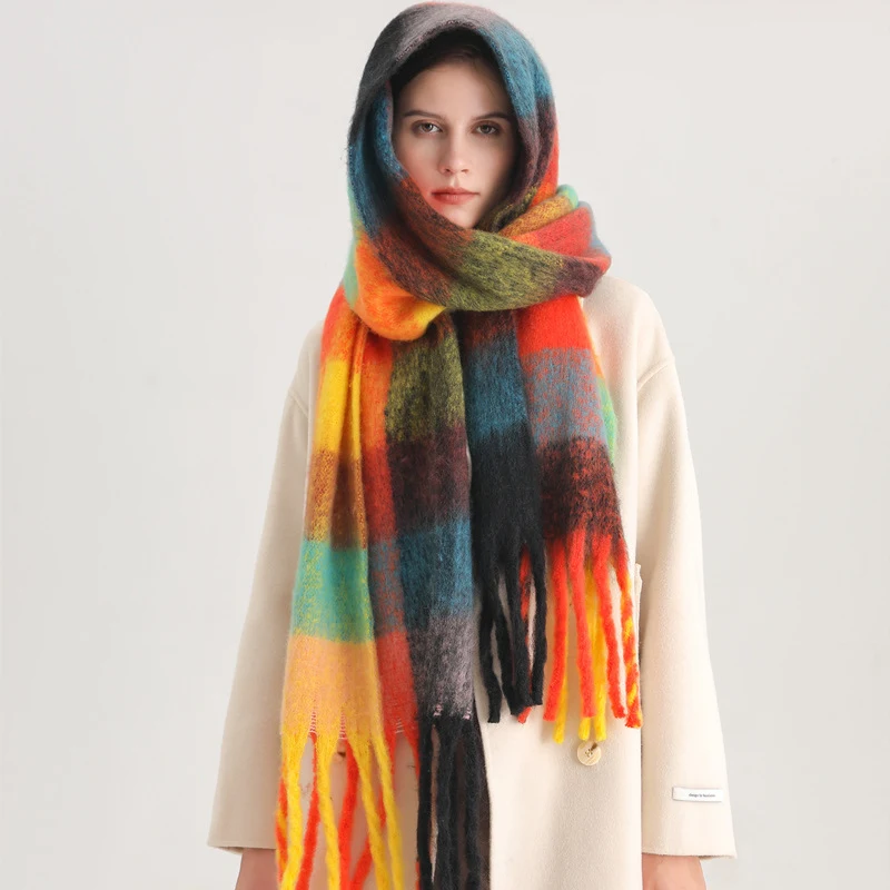 Écharpe femme mode européenne et américaine hiver, châle en cachemire épais et chaud pour une protection optimale contre le froid.