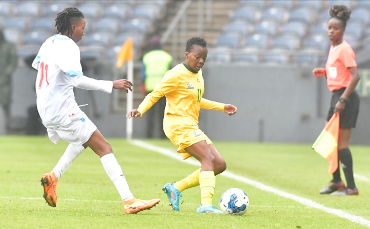 Banyana Banyana player Thembi Kgatlana with the ball during the Caf Women's Olympic Qualifying Tournament 2nd Leg match against DR Congo at Orlando Stadium on October 30, 2023.