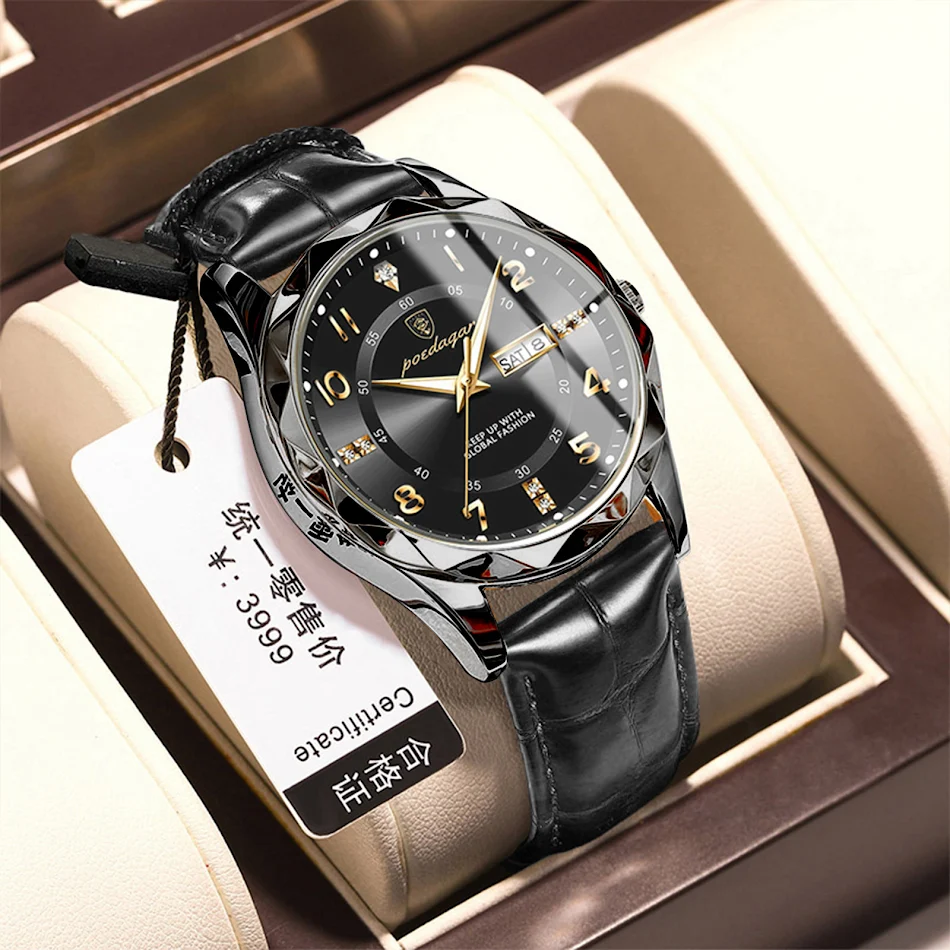 Montre-bracelet homme de luxe, bracelet cuir, mouvement quartz, un accessoire de mode élégant et intemporel pour compléter votre look.