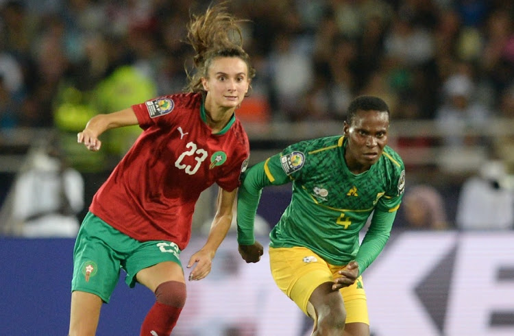 Noko Matlou of South Africa, left, is challenged by Rosella Annie Ayane of Morocco during the 2022 Women’s Africa Cup of Nations final in Rabat, Morocco, July 23 2022. Picture: Ryan Wilkisky/BackpagePix