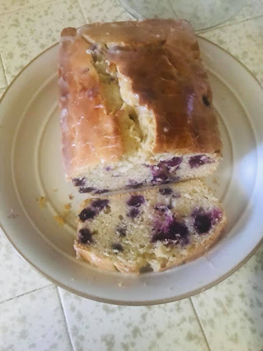 Shown here in my picture is a loaf of Blueberry Lemon bread which I just baked.  It is cut into to show the texture and the crumb of the loaf.  
