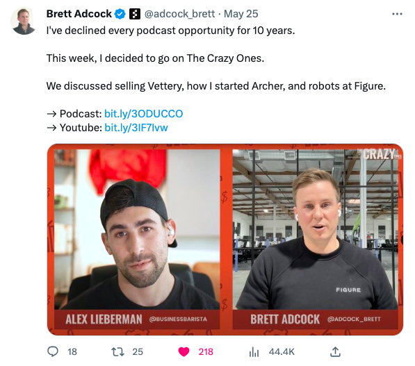 Brett Adcock fait la promotion d'un épisode du podcast sur Twitter.