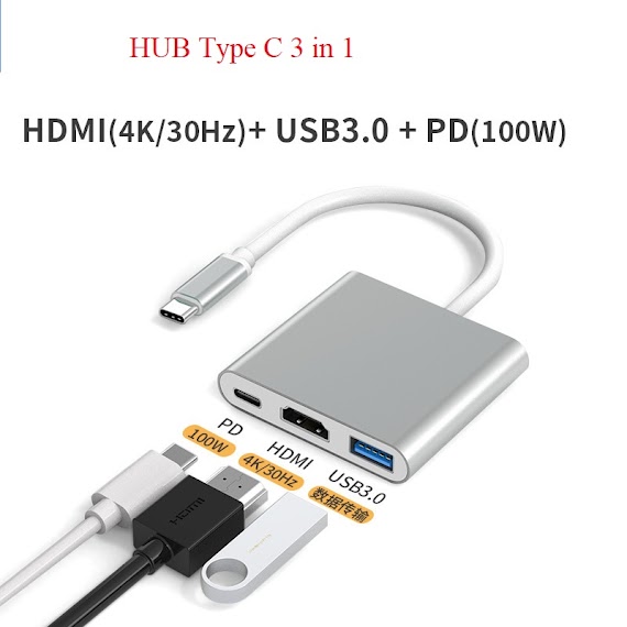 Hub Type C 3In1 - Cổng Chuyển Đổi Hub Usb Type - C To Hdmi, Usb 3.0, Pd Type - C Cho Laptop, Điện Thoại, Samsung Dex