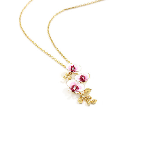 Title 5, 18k Hand Painted Enamel Phalaenopsis Flower Nec...