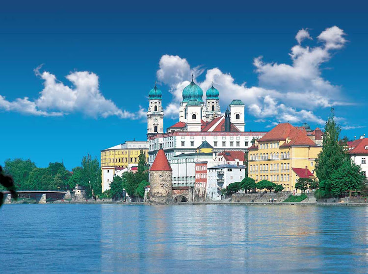 Beautiful Passau, Germany, features St. Stephen's Cathedral with its distinctive caps on the bell towers.