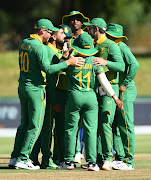 Tabraiz Shamsi and teammates celebrate the wicket of India's Virat Kohli in the first ODI in Paarl on Wednesday. (Photo by Ashley Vlotman/Gallo Images/Getty Images)