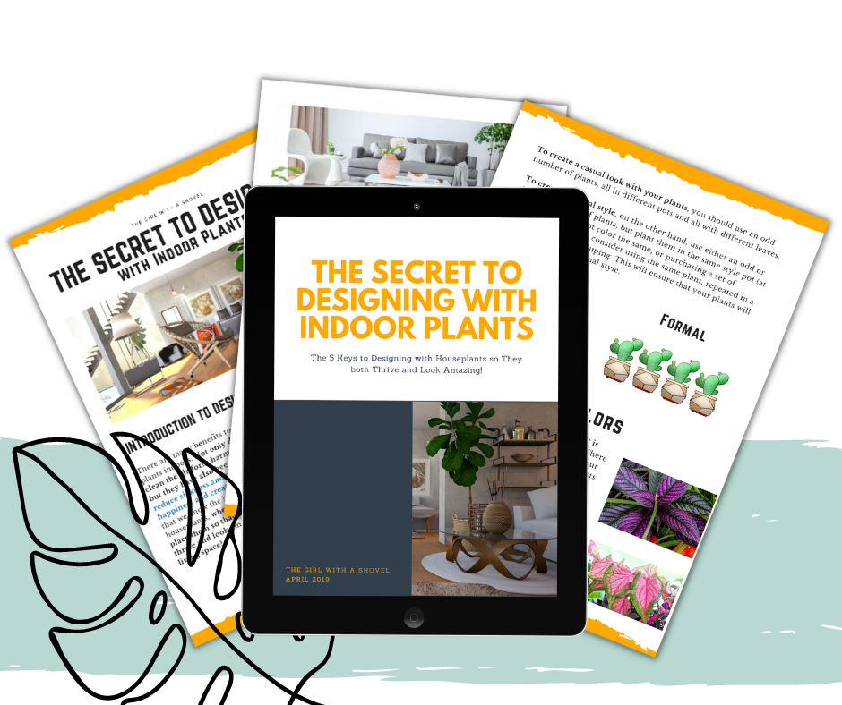 Secret to Designing with Indoor Plants Mockup with three pages and cover in ipad with leaf and brushstroke