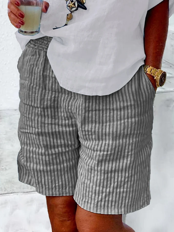 Casual gestreepte linnen shorts voor heren, losse strandbroek, dun en luchtig, ideaal voor een relaxte zomerlook.