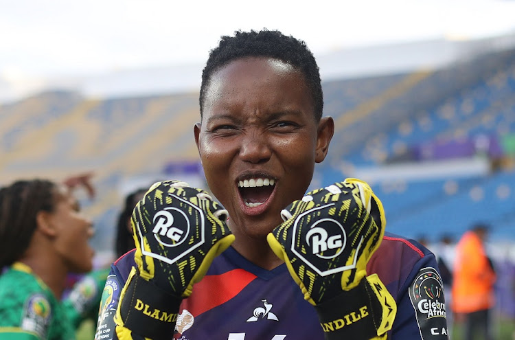 Banyana Banyana goalkeeper Andile Dlamini celebrates victory in the 2022 Women's Africa Cup semifinal against Zambia in Casablanca, Morocco, on July 18. Mamelodi Sundowns Ladies keeper Dlamini has made the list of three nominees for Women's Interclub Player of the Year at the Caf Awards.