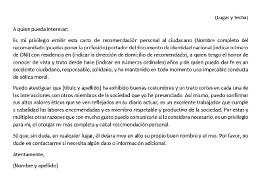 Ejemplo e carta de recomendación de carácter personal