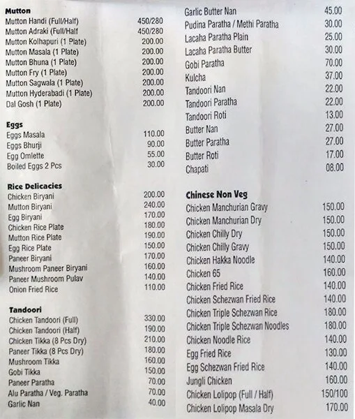 Hotel Ratna menu 