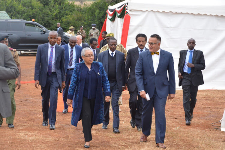 First lady Margaret Kenyatta and CS Najib Balal arrive at The Nairobi National Park for the official launch of the CITES awareness campaign.