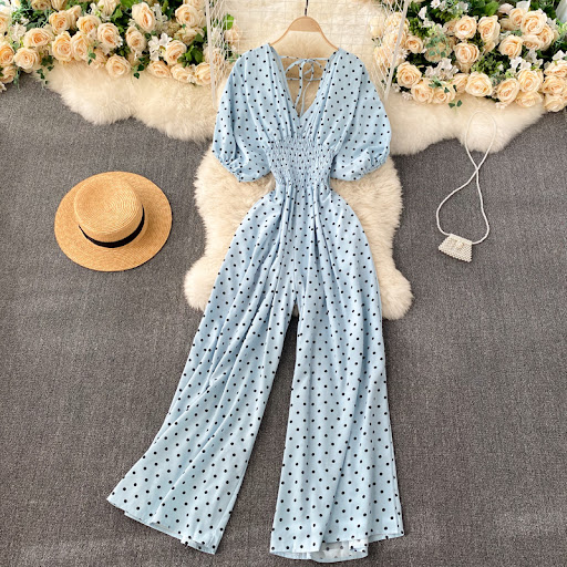 Title 2, Puff Sleeve Waist Slimming Long Wide Leg One Pi...