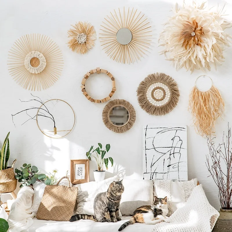 Hennep touw spiegel creatieve achtergrond muur opknoping, voor een unieke en decoratieve wandversiering.