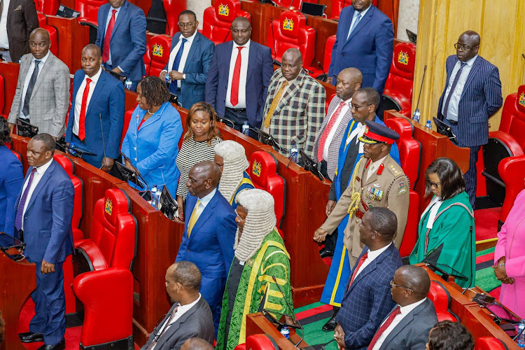 President William Ruto is led into Parliament chambers by Speakers Amason Kingi (Senate) and Moses Wetangula (National Assembly) on November 9, 2023.