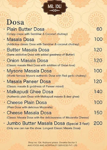 Mr Idli menu 